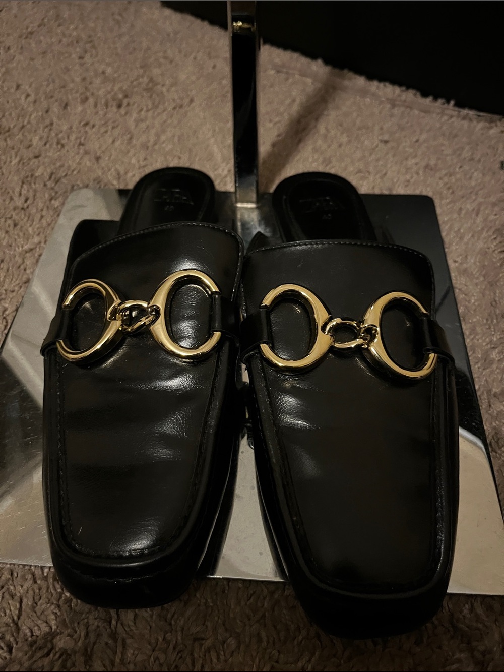 Zara Black Leather Mule Loafers with Gold Chain Accent - Picture 2 of 5